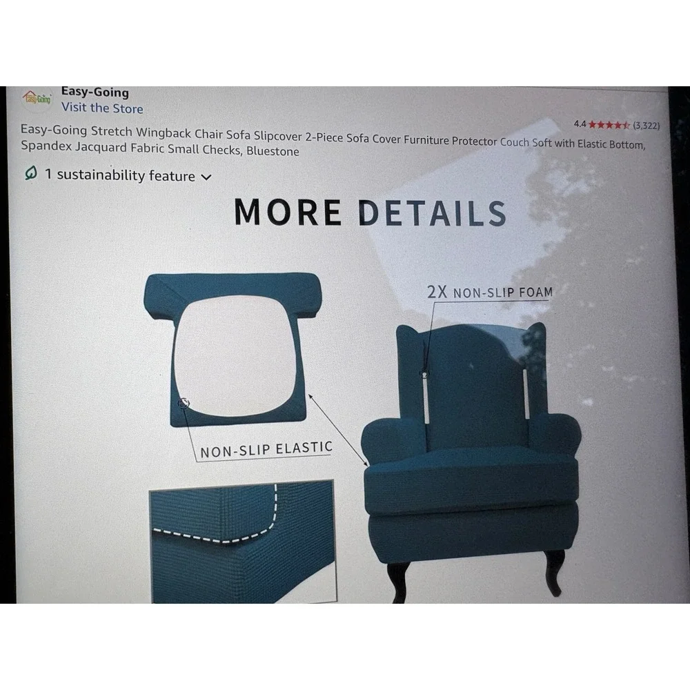 Easy-Going Stretch Wingback Chair Slipcover 2-Piece Jacquard Bluestone Blue Teal